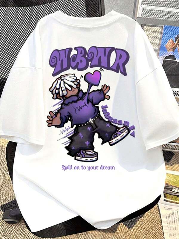 男士超大款街头风图案T恤，宽松圆领短袖，饰有涂鸦、字母和卡通印花，适合休闲、都市出行和聚会穿着（可机洗）