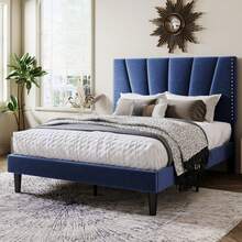 Allewie Full/Queen/King Size Bed Frame With Adjustable Velvet Upholstered Headboard, Rivet-Style Nailhead Trim Detail Platform Bed Frame, Wooden Slat Support, No Box Spring Needed, Easy Assembly, Blue - 藍色 - 查看 1