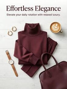 New Autumn/Winter Elegant Women's High-Neck Long-Sleeved Solid Color Fleece-Lined Warm Casual Pants With Double Pockets. Comfortable Fabric, Perfect For Wearing And Taking Photos, Showing Off Your Perfect Figure. - 玫紅色 - 查看 6