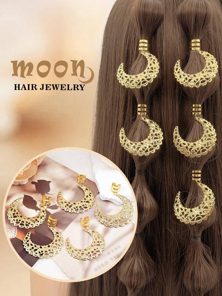 5pcs Alloy Hollow Mesh Shape Hair Ring For Dreadlock Vintage Hairpin For Women Girl Hair Accessories Loc Hair Jewelry For Braids - Gold - View 1