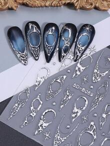 2片银色浮雕5D不对称线条星形图案Y2K风格银色闪光哥特式浮雕美甲贴纸，DIY美甲配件，美甲沙龙用品 - 銀色 - 查看 6