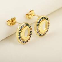 High Quality Gold Plated Shiny Crystal Zirconia Oval Shape Moon Stud Earrings For Women Hollow Design Fashion Versatile Ear Jewelry - White - View 3