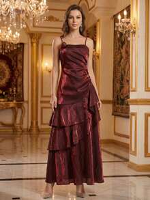 Burgundy Metallic Wedding Guest Dress Elegant 3D Rosette Tiered Ruffles Cami Maxi Gown Luxury Evening Prom Party Dress - Burgundy - View 6