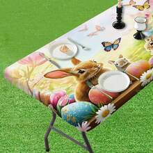 1 Stück Frühlings-Hase & bunte Eier Tischdecke mit Gummizug, flatternde Schmetterlinge, lebendige Dekoration für Esstisch, Outdoor-Picknick, Innen- und Außenbereich - Verschiedenfarbig - Übersicht 9