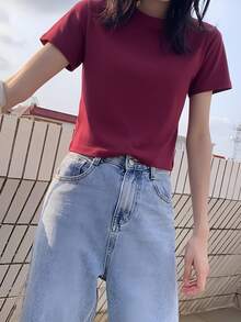 Áo thun ngắn tay, màu trơn, kiểu dáng mùa hè mới, dáng ôm, đa năng, cổ tròn, kiểu áo thường ngày. - Màu Đỏ Sâu - Xem 5