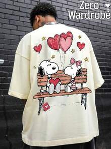 SNOOPY Valentine's Day Element Pattern Print, White Men's Short Sleeved Round Neck T-Shirt. Comfortable And Breathable, Suitable For Daily Wear. A Casual And Fashionable Short Sleeved Top, A Simple And Stylish Men's White T-Shirt. - trắng - Xem 1