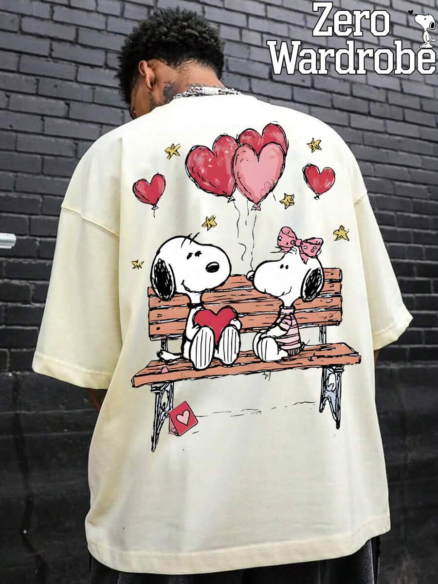 SNOOPY Valentine's Day Element Pattern Print, White Men's Short Sleeved Round Neck T-Shirt. Comfortable And Breathable, Suitable For Daily Wear. A Casual And Fashionable Short Sleeved Top, A Simple And Stylish Men's White T-Shirt. - trắng - Xem 1