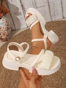 2026 New Pleated Vamp Beach Gold Buckle Home Casual Fashion Sandals, Lace Mesh Soft Wedge Thick Bottom Round Toe Leisure Sports Sandals, Countryside Vacation Sandals - Beige - View 7