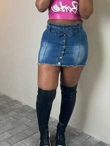 Women's Stretchy Skinny Denim Mini Skirt, Solid Color High Waist Slim-Fit Casual Versatile A-Line Skirt - Dark Wash - View 7