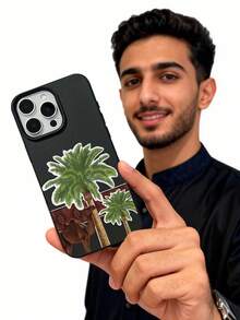 Eid Mubarak Phone Case, Camel & Date Palm Tree Pattern, Black Matte Faux Leather Texture TPU Anti-Slip Anti-Fingerprint, Arabian Desert Oasis Aesthetic Phone Case Compatible With Apple & - Black - View 7