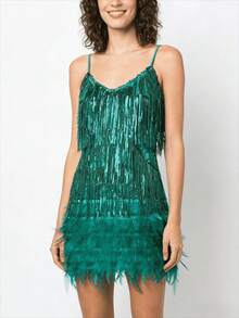 Women's Sequin Cocktail Dresses 1920s Flapper Dress Gatsby Fringe Mini Dresses Feather Prom Party Dress - A-green - View 3