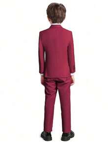 3-10岁男童五件套西装，幼儿燕尾服正式套装，包含花童制服外套、马甲、裤子、衬衫、领带，适合生日派对、婚礼、周年纪念日等场合，酒红色 - 酒紅色 - 查看 3