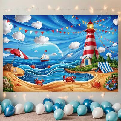 1 Nautical-Themed Party Banner - Vibrant Polyester Beach Scene With Lighthouse, Crabs, And Waves - Perfect For Home, Room, And Wall Decorations - Ideal For Summer Parties, Photo Props, And Coastal-Themed Events, Photo Booth Props | Vibrant Beach Scene | Interior Decor, Beach Accessories