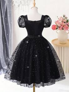 Summer Girls' Fashionable & Elegant Sequins Embellished Mesh Patchwork Dress - Black - View 2