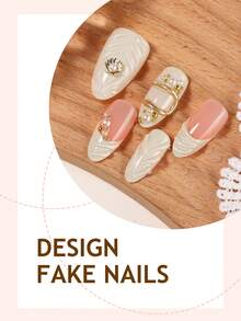 Y2K金色镀铬美甲亚克力10片装法式中杏仁形按压式美甲贴片，DIY艺术重金属3D假指甲套装，饰有海星/金珠/白珠配件，适用于美甲沙龙、女孩和女士日常美甲、节日派对和礼品 - 彩色 - 查看 3