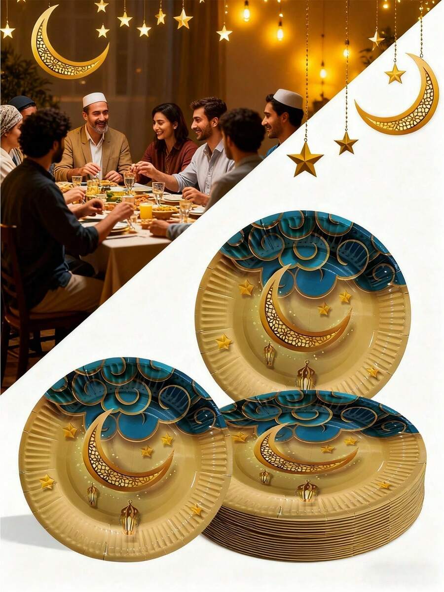 12/24/48 件套,一次性餐具,祝福,月亮,吉祥云朵,开斋节主题一次性纸托盘,7 英寸纸托盘,9 英寸纸托盘,食品托盘,派对托盘,材质,适用于节日、沐浴、礼拜、招待会、聚会、野餐、露营、烧烤、派对和其他节日。 - 彩色 - 查看 1