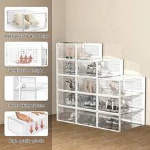 6/12/24-Pack Shoe Storage Boxes, Transparent Plastic Stackable Shoe Cabinet Organizer, Space-Saving Folding Athletic Shoe Container Rack - 黑色 - 查看 9