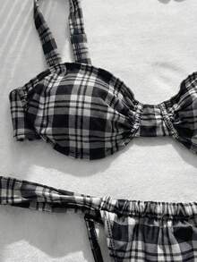 Ensemble de bikini à armatures avec bretelles larges, imprimé sexy à carreaux rouges, convient pour les fêtes au bord de la piscine et les tenues de plage, vacances d'été noir - Noir - Voir 7