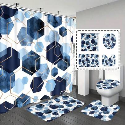 1件/4件套浴室浴帘套装，几何图案浴室装饰，含浴室地垫，含12个挂钩，简约风格，礼品