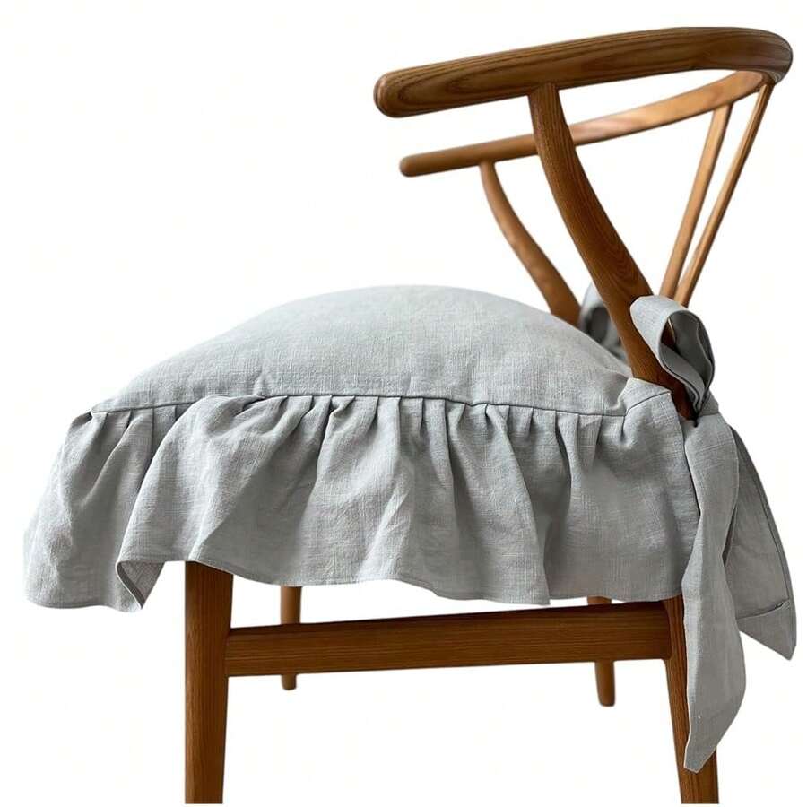 Korean Made Chair Pad 17.5'x 17.5' Slipcover Chair Cushion Cover Ties With Ruffle Farmhouse Decor Covers Only, Gift For Mom (Light Gray) - 淺灰色 - 查看 1