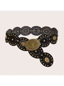 1pc Western Cowgirl Bohemian Style Women's Belt, Black Patchwork Cow Head Design, Suitable For Dresses, Jeans, Loose Shirts, Western Cowboy Outfits, Casual, Gatherings, Parties - Black Bull Head Patchwork Belt - View 26