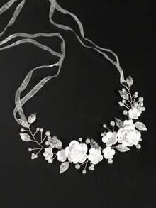 1pc Girls' Handmade Soft Clay Rose Flower Headband, Korean Style Hair Accessory (Can Be Freely Matched With Ribbon) - White - View 4