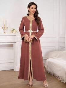 雪纺V领金色蕾丝超长阿拉伯风格女士长裙 - 棕色 - 查看 4