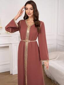 雪纺V领金色蕾丝超长阿拉伯风格女士长裙 - 棕色 - 查看 6