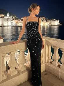 Elegante vestido de fiesta largo con cuello cuadrado sin mangas y detalles decorados con rhinestones - Negro - Ver 3