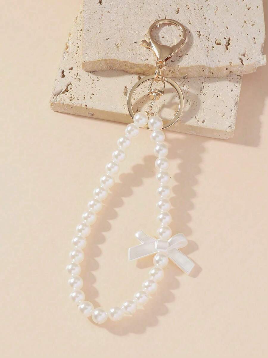 1pc Women's Elegant Bow & Faux Pearl Beaded Keychain, Fashionable Minimalist Beaded Birthday/Holiday Gift, Cute Phone Strap & Bag Charm - Bow - View 1