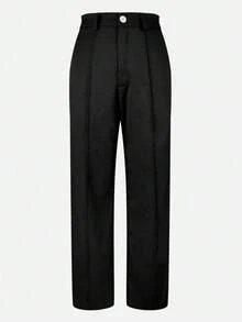 （不含腰带）女士纯色直筒裤，前部褶裥设计，纽扣和拉链闭合，搭配系腰带衬衫和高跟鞋，打造干练的办公室造型；搭配白色T恤和运动鞋，打造轻松休闲的现代春季风格。黑色 - 黑色 - 查看 4