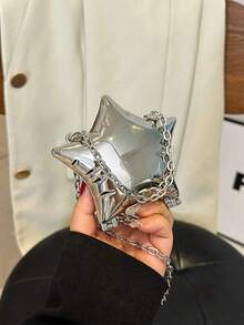 1个迷你金属小包，电镀银色零钱包，闪亮前卫金属星形手提包，配链条肩带，独特造型手拿包，珠宝袋，优雅零钱包，耳机盒，婚礼 - 銀色 - 查看 4