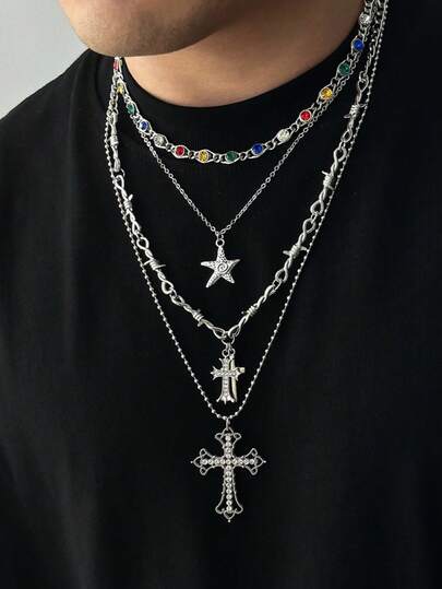 4件套复古朋克十字架吊坠仿珍珠项链，男士魅力饰品，节日礼物