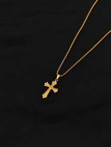 1pc New Fashionable Stainless Steel Titanium Steel Men's Cross Pendant Necklace, Suitable For Daily Wear And As A Gift - Yellow Gold - View 3