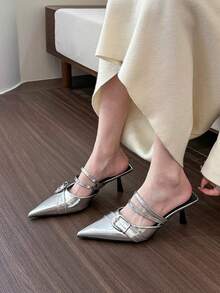 Giày sandal đế bệt mũi nhọn kiểu dáng mới mùa xuân 2026 dành cho nữ, giày cao gót quai hậu thanh lịch. - Bạc - Xem 3