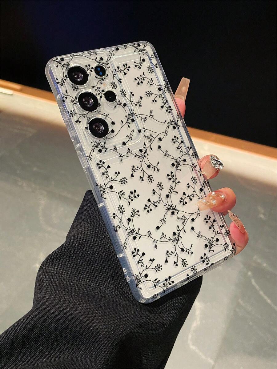 1个黑色植物图案，带气囊透明防摔功能的手机保护壳，TPU材质，可作为节日礼物赠送，男女通用，适用于三星手机 - 彩色 - 查看 1