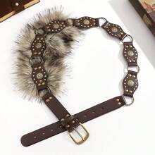 Thắt lưng trang trí lông thú cổ điển, thắt lưng kim loại ghép mảnh, thắt lưng da PU phong cách đường phố động vật retro - Cà phê - Xem 3