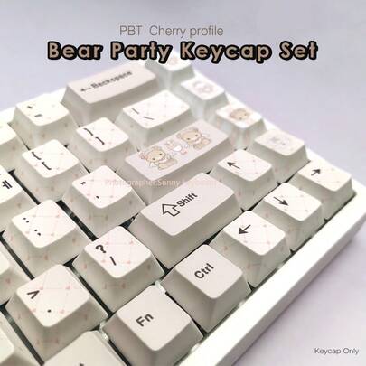 138 Keys Teddy Bear Party Keycaps, OEM Profile, Mechanical Keyboard Keycaps, Minimalist Chic, Fresh And Cute, PBT Material Spherical Keycaps, Compatible With Cherry MX Switches, Suitable For XTRFY, ROG, Wooting, Leopold Mechanical Keyboards, Office, Gaming, Typing, Personalized DIY Keycaps, Christmas Gift, Birthday Gift, Fit For 60/68/75/87/98/104/108 Keys