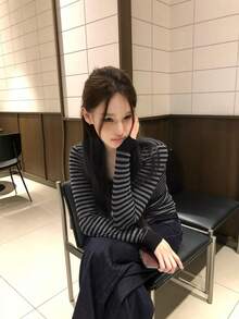 条纹长袖T恤，修身性感上衣，适合秋冬季穿着 - 黑灰條紋 - 查看 2