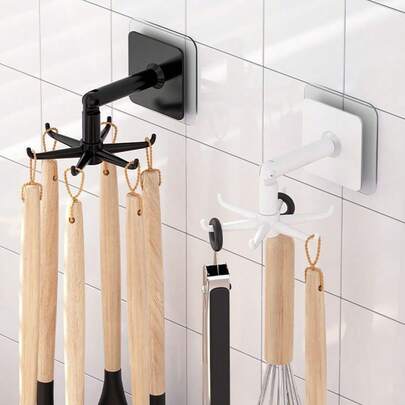 A Heavy-Duty Kitchen Utensil Rack Hook, Featuring A Plastic Adhesive Hook That Rotates 360 Degrees And Folds For Wall Mounting, With Six Claws, Suitable For Home Kitchens, Bathrooms, And Offices