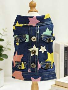 1pc Pet Clothes, Star Denim Effect Shirt, Colorful Star Denim Effect, Casual Stylish Fashion, Personalized, Suitable For Medium/Small Dogs Like Teddy, Poodle, Corgi, Dachshund, Anti-Shedding, Unique Design - Blue - View 9