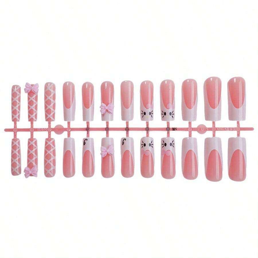 New Wearing Nail Piece Cross-Border Pink 3D Bow Fake Nail Removable 24 Pieces Cute Kt Cat Wearing Nail Length - XA-100-12 - 查看 1