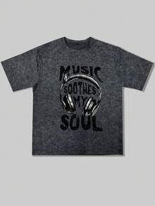 男士休闲宽松英文印花水洗圆领短袖T恤 - 深灰色 - 查看 4