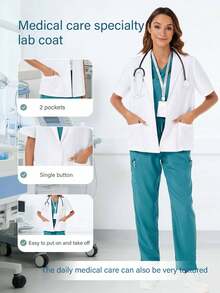 cimmuovere Simple Solid Color Flat Collar Double Pocket Short Sleeve Laboratory Coat/White Coat - White - View 2