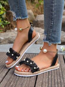 Comfortable Low Heel Bohemian Bowknot Flower Sandals, Soft Sole Suitable With Dresses, Beautiful Beach Shoes - Black - View 4