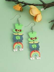 一对爱尔兰圣帕特里克节亚克力耳环，配有绿色帽子、三叶草和彩虹图案，创意十足 - 彩色 - 查看 1