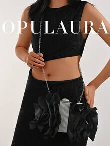 OpulAura 女士优雅迷人花瓣宴会手拿包，荷叶边设计，正式晚宴包，适合婚礼/度假/正式派对/盛会，配有链条肩带，花瓣形状随机 - 黑色 - 查看 9