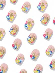 24片可爱方形按压式假指甲粉色短指甲彩色花朵亚克力法式假指甲女士棺材形指甲 - 彩色 - 查看 2