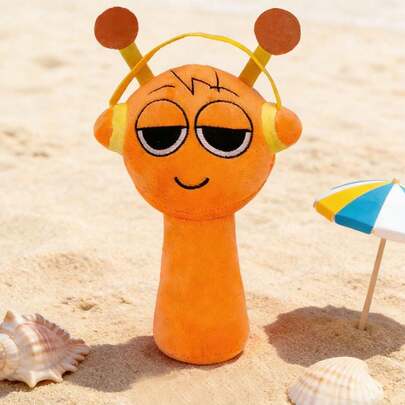 2026 New Year Gift Incredibox Sprunki Plush, 9.5" Orange Stuffed Animal With Yellow Headphones & Antenna, Sleepy Eyes Design, Long Handle Cuddle Toy For Kids, Game Lover Collectible, Great Christmas & Birthday Present For Boys & Girls