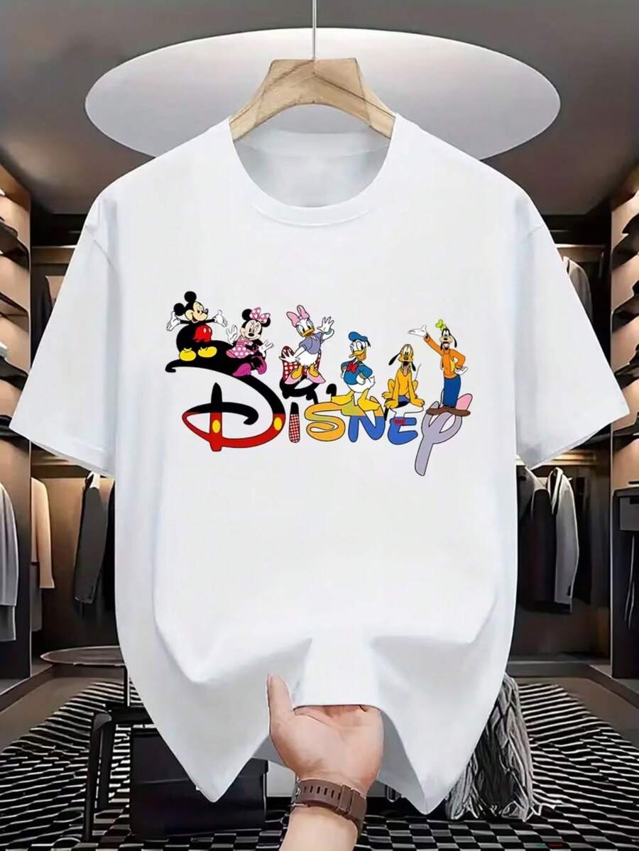 Authorized Disney Mickey And His Friends To Print Men's T-Shirts, T-Shirts With Round Neck, Breathable And Lightweight, Fashionable Street Clothes And Men's Casual Tops. - 白色 - 查看 1